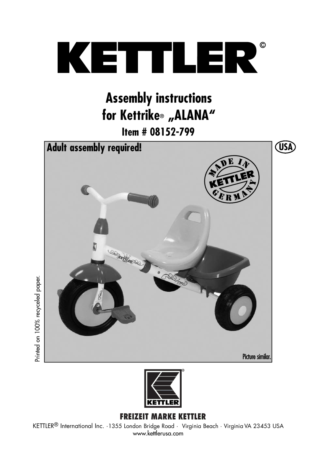 Kettler 08152-799 manual Item # Adult assembly required 