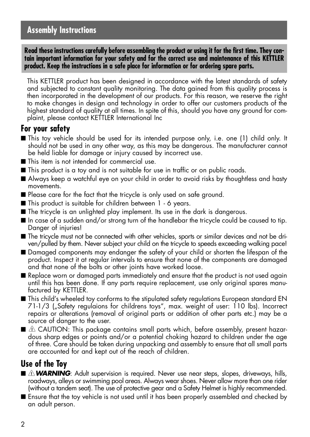 Kettler 08152-799 manual For your safety, Use of the Toy 