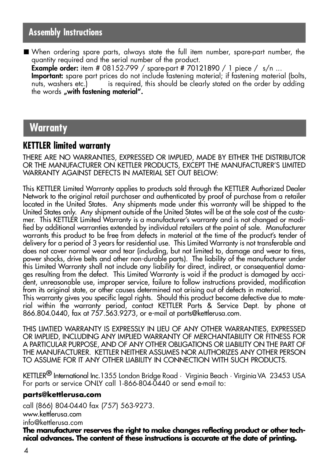 Kettler 08152-799 manual Warranty, Kettler limited warranty 