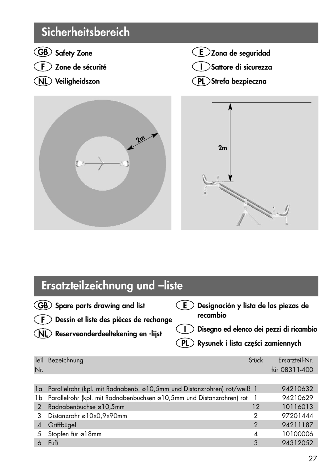 Kettler 08311-400 manual Sicherheitsbereich, Ersatzteilzeichnung und -liste 