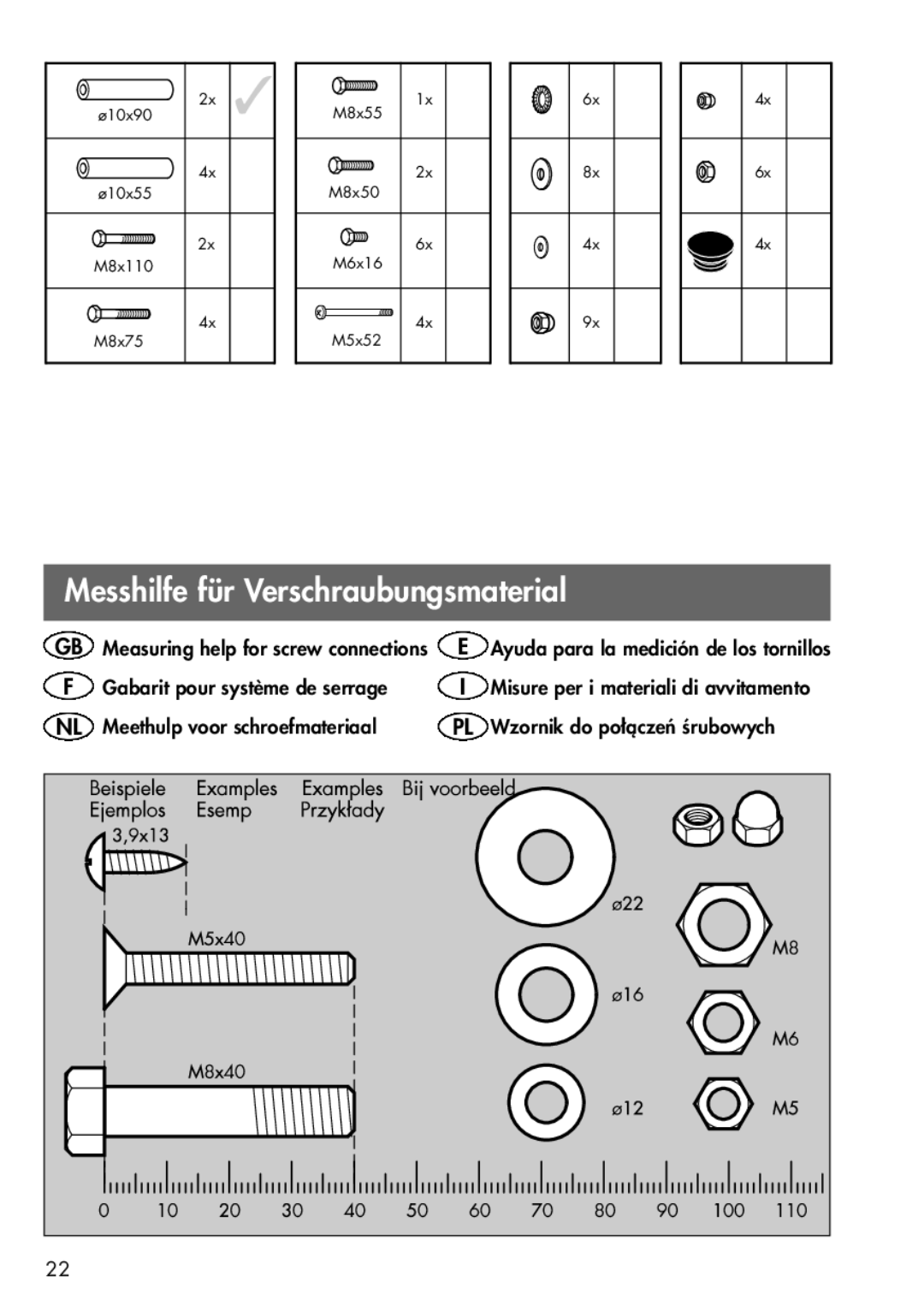 Kettler 08311-400 manual Messhilfe für Verschraubungsmaterial 