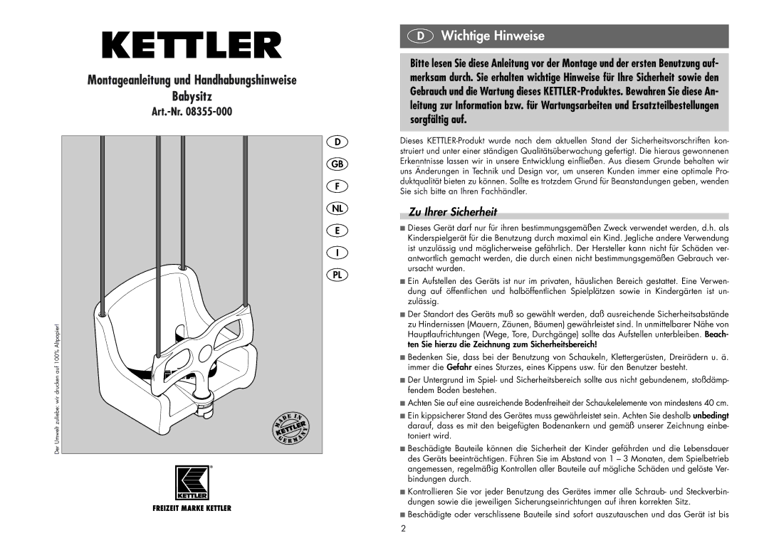 Kettler 08355-000 manual Wichtige Hinweise, Zu Ihrer Sicherheit 