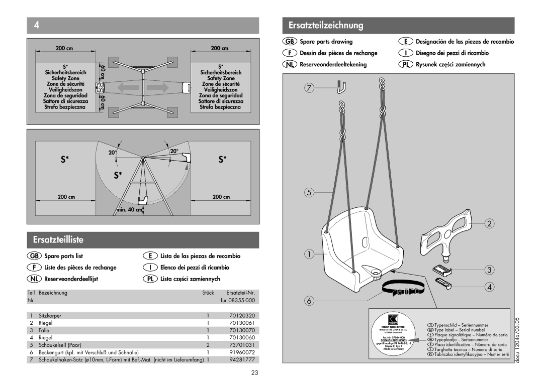 Kettler 08355-000 manual Ersatzteilliste, Ersatzteilzeichnung 