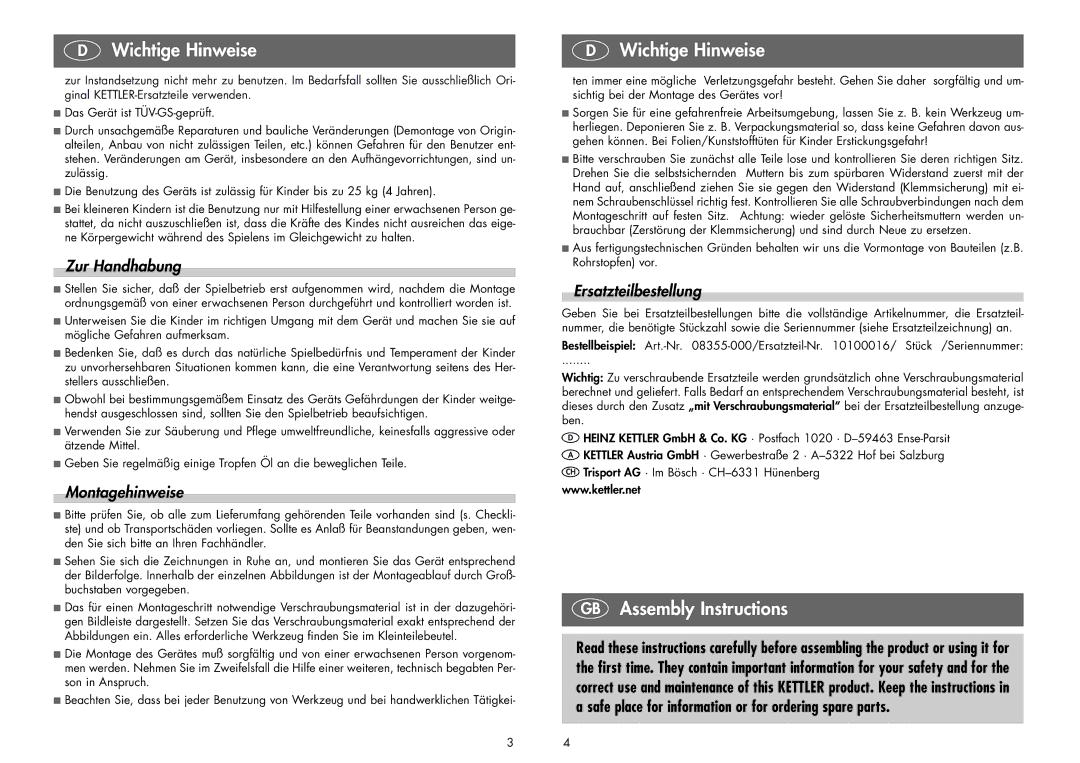 Kettler 08355-000 manual GB Assembly Instructions, Zur Handhabung, Montagehinweise, Ersatzteilbestellung 