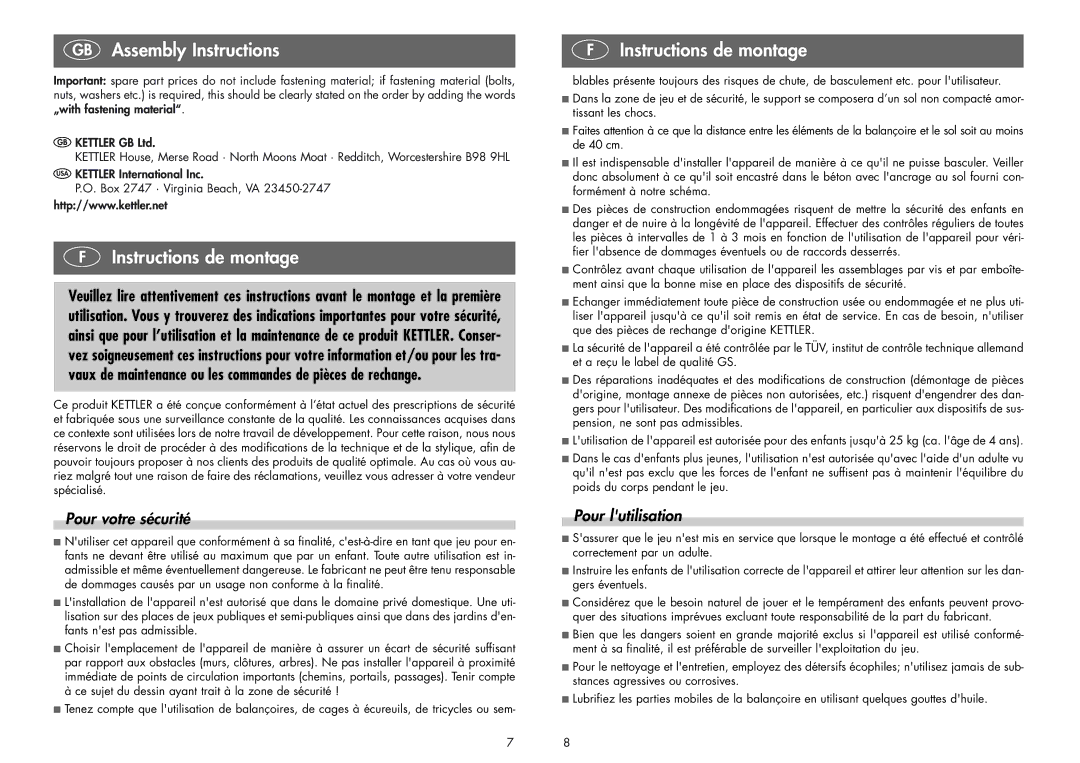 Kettler 08355-000 manual Instructions de montage, Pour votre sécurité, Pour lutilisation 