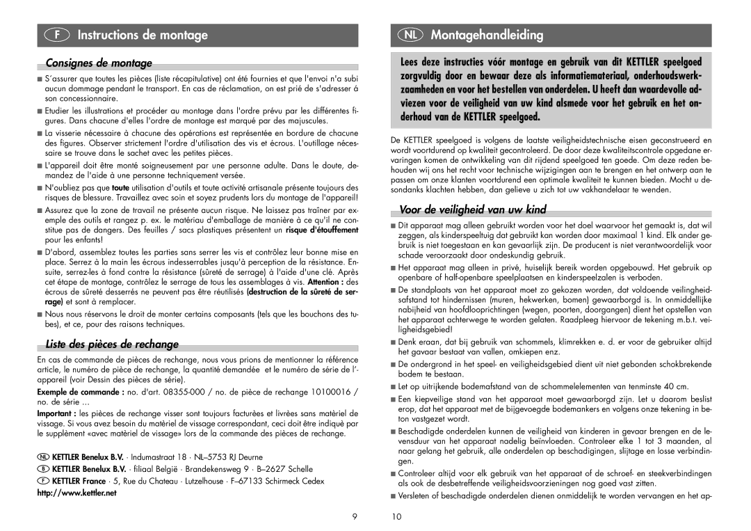 Kettler 08355-000 manual NL Montagehandleiding, Consignes de montage, Liste des pièces de rechange 