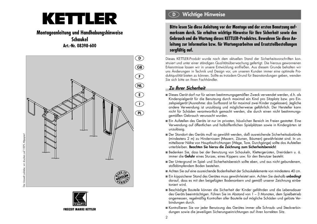 Kettler 08398-600 manual Wichtige Hinweise, Zu Ihrer Sicherheit 