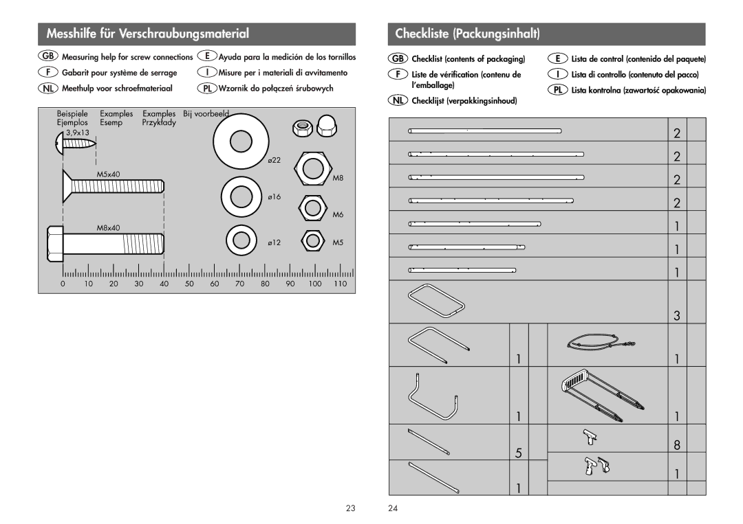 Kettler 08398-600 manual Messhilfe für Verschraubungsmaterial, Checkliste Packungsinhalt 