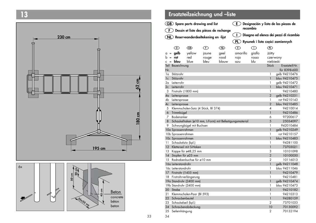 Kettler 08398-600 manual Ersatzteilzeichnung und -liste 