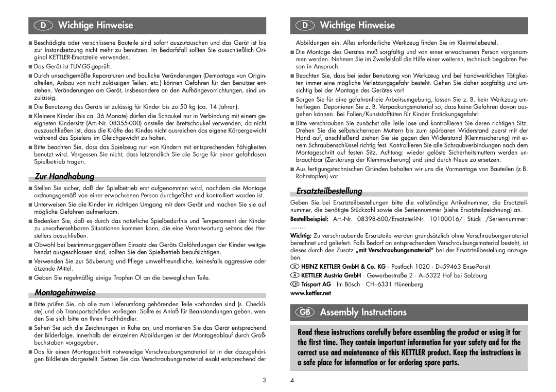 Kettler 08398-600 manual GB Assembly Instructions, Zur Handhabung, Montagehinweise, Ersatzteilbestellung 