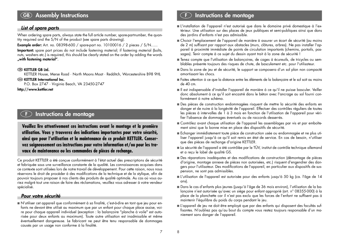 Kettler 08398-600 manual Instructions de montage, List of spare parts, Pour votre sécurité 