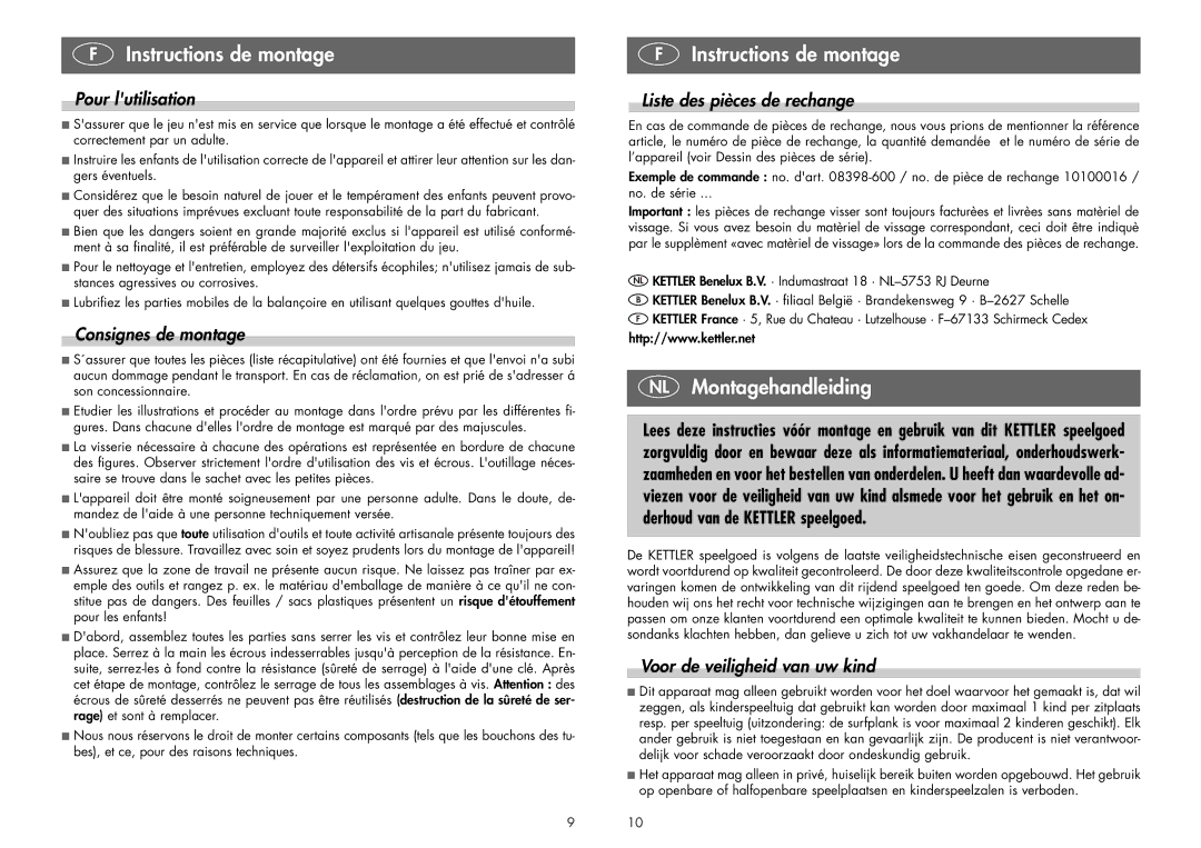 Kettler 08398-600 manual NL Montagehandleiding, Pour lutilisation, Consignes de montage, Liste des pièces de rechange 