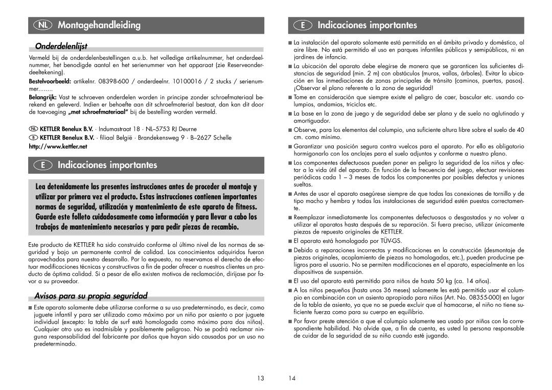 Kettler 08398-600 manual Indicaciones importantes, Onderdelenlijst, Avisos para su propia seguridad 