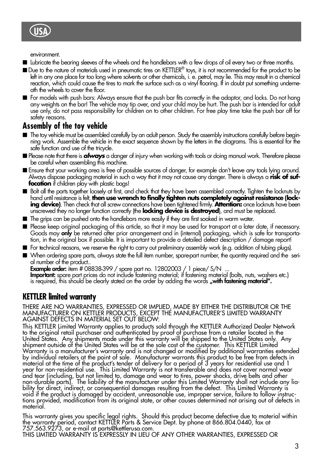 Kettler 08838-399 manual Assembly of the toy vehicle, Kettler limited warranty, Environment 