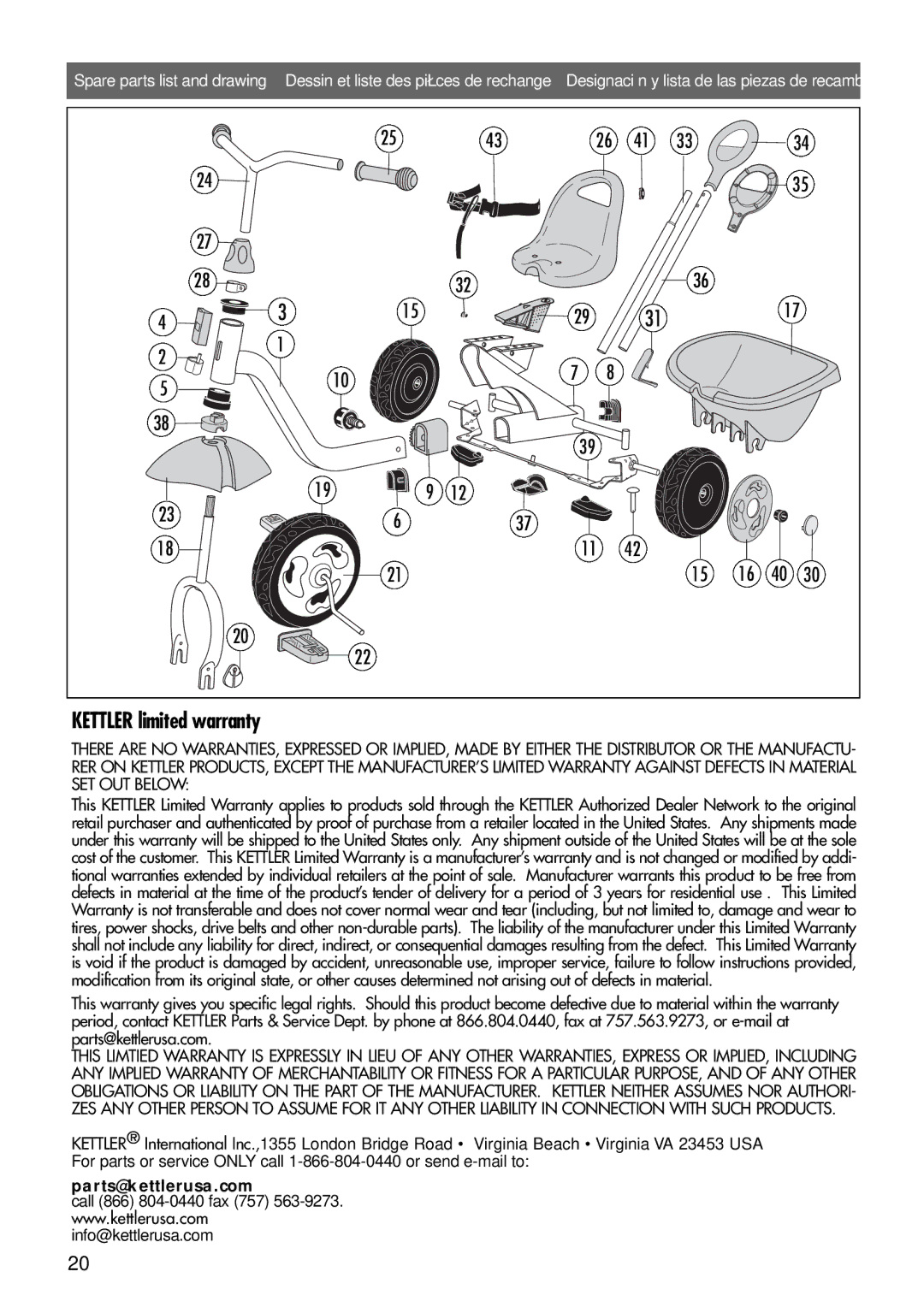 Kettler 08838-790 manual Kettler limited warranty 