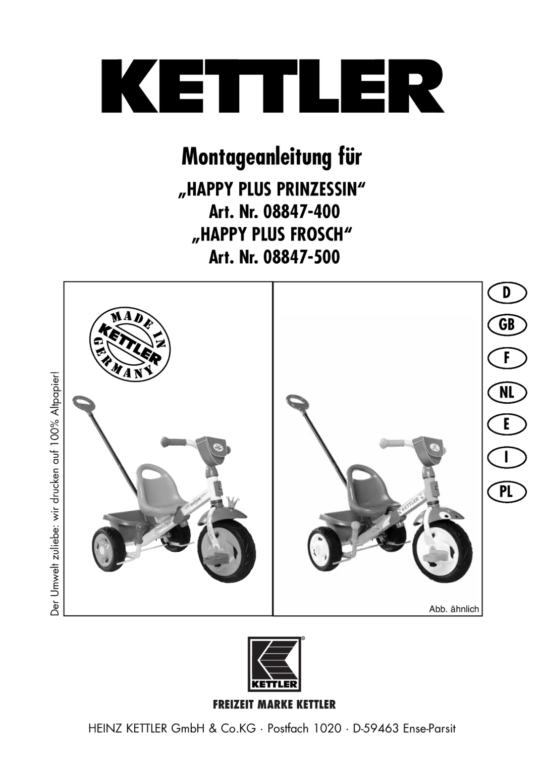 Kettler 08847-500, 08847-400 manual Montageanleitung für 