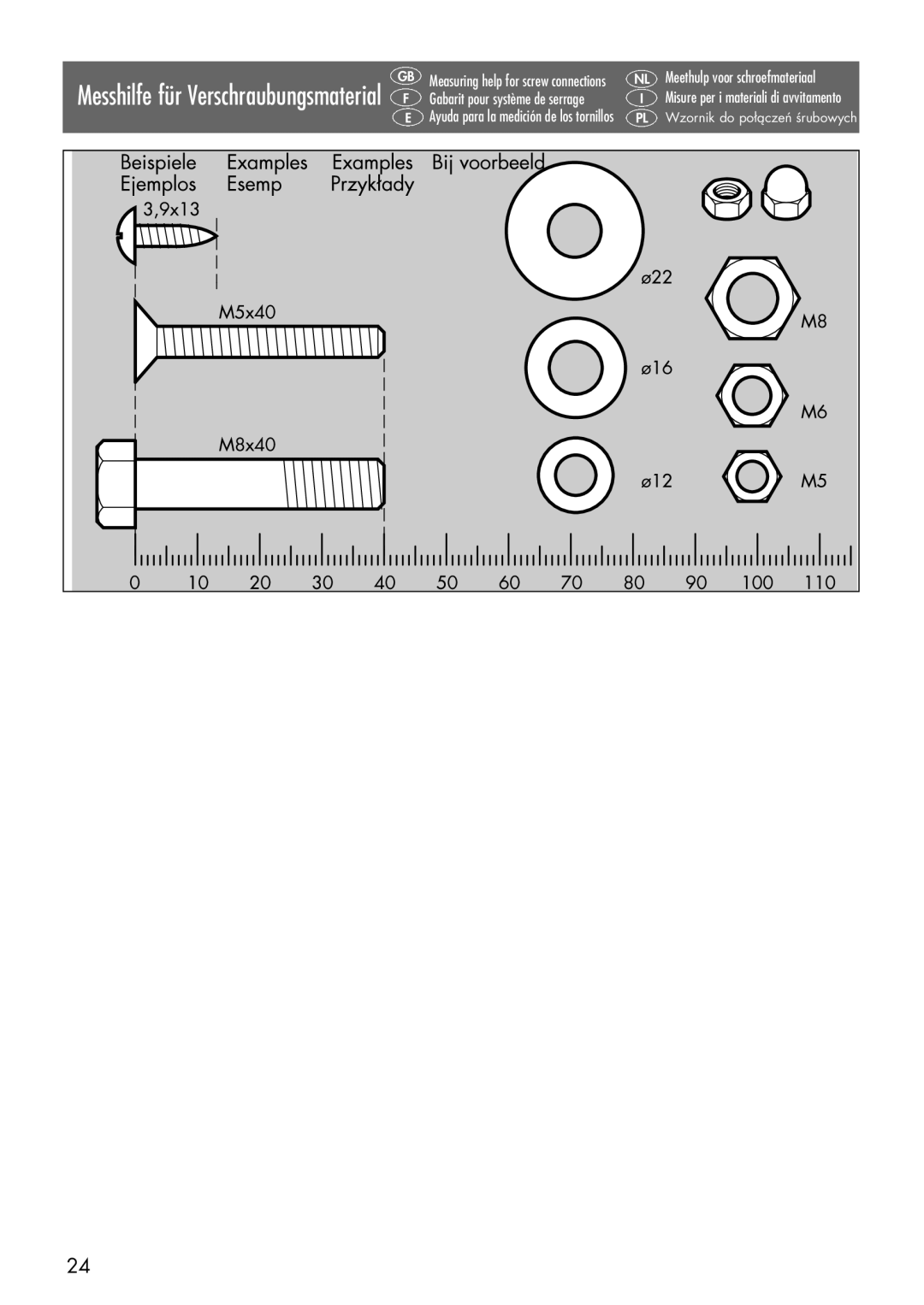 Kettler 08847-400, 08847-500 manual Messhilfe für Verschraubungsmaterial F 