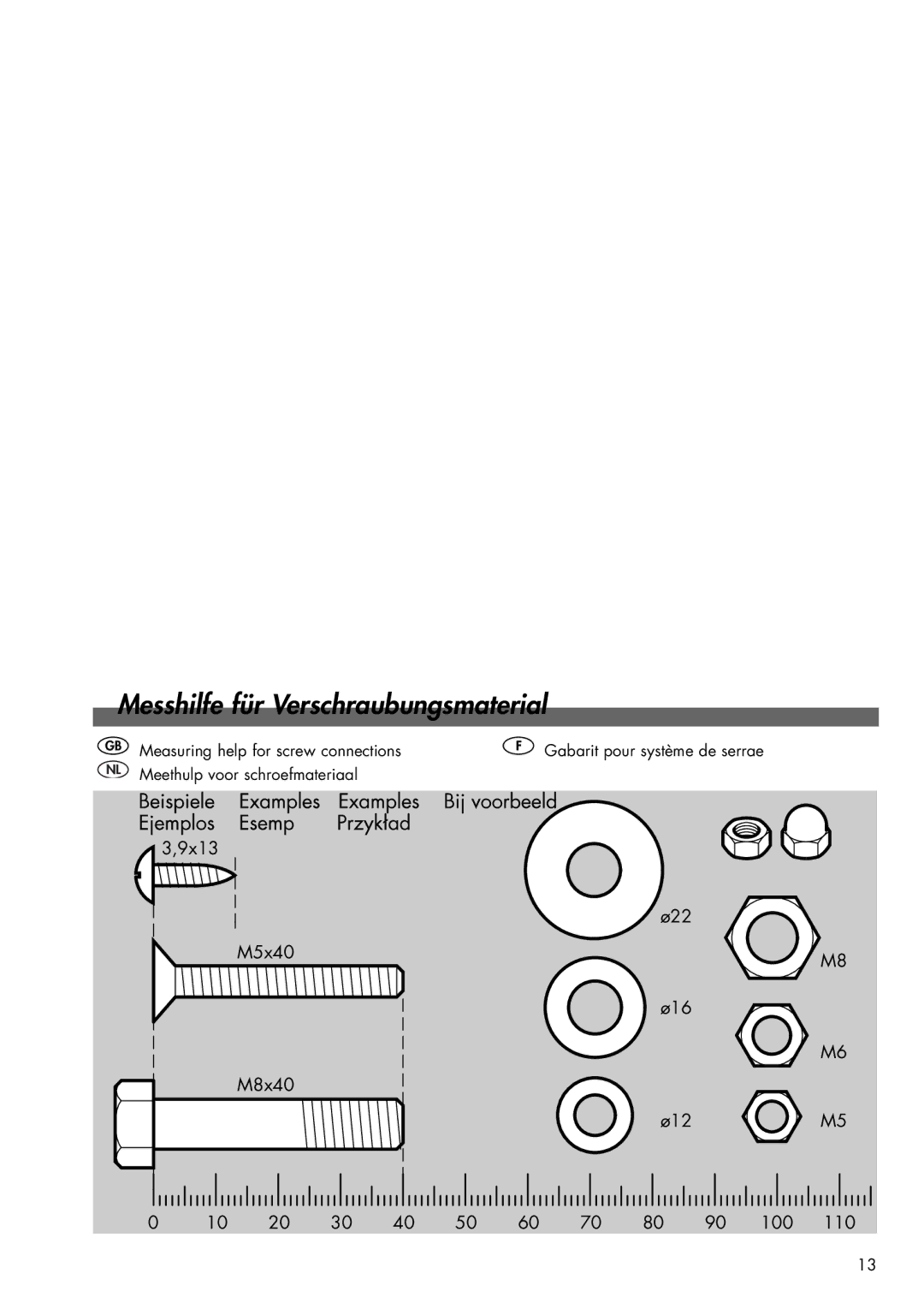 Kettler 08947-467, 08947-460, 08947-465 manual Messhilfe für Verschraubungsmaterial 