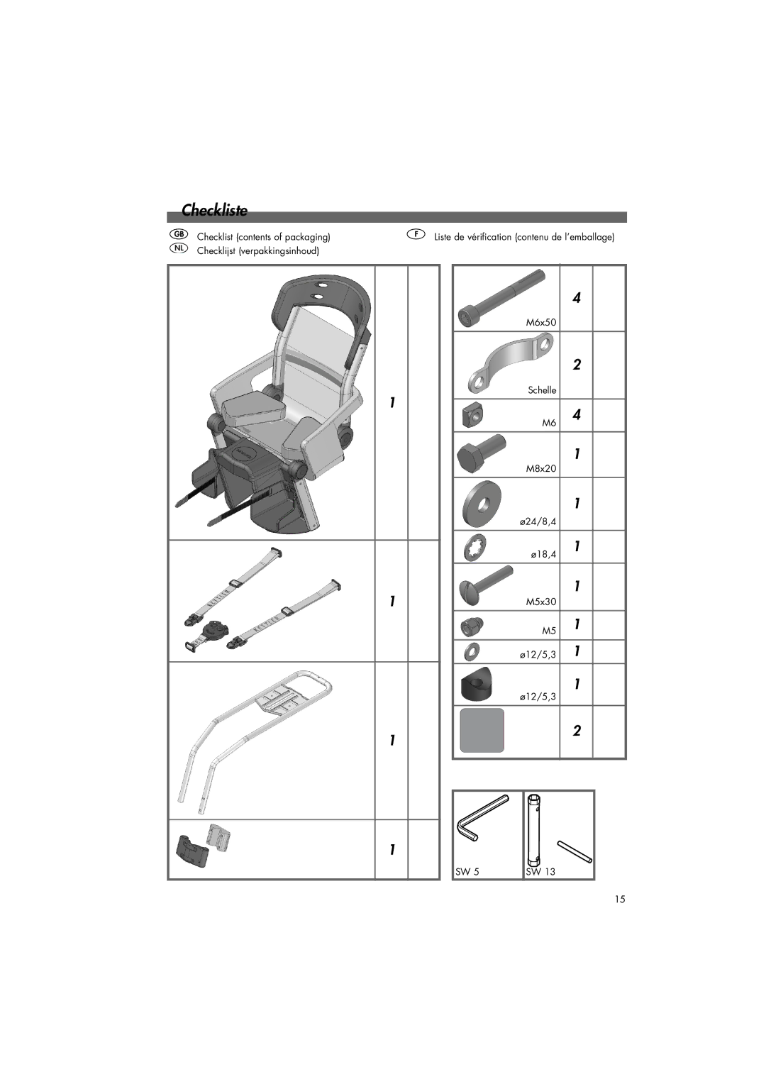 Kettler 08949-000 manual Checkliste, M6x50 Schelle M8x20 Ø24/8,4 Ø18,4 M5x30 Ø12/5,3 