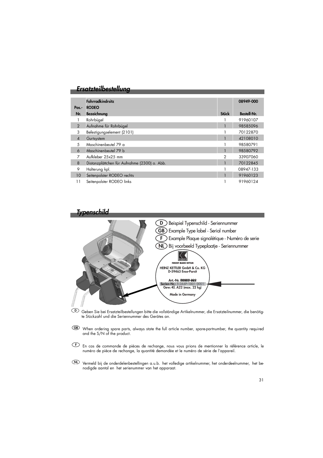 Kettler 08949-000 manual Typenschild, Rodeo 