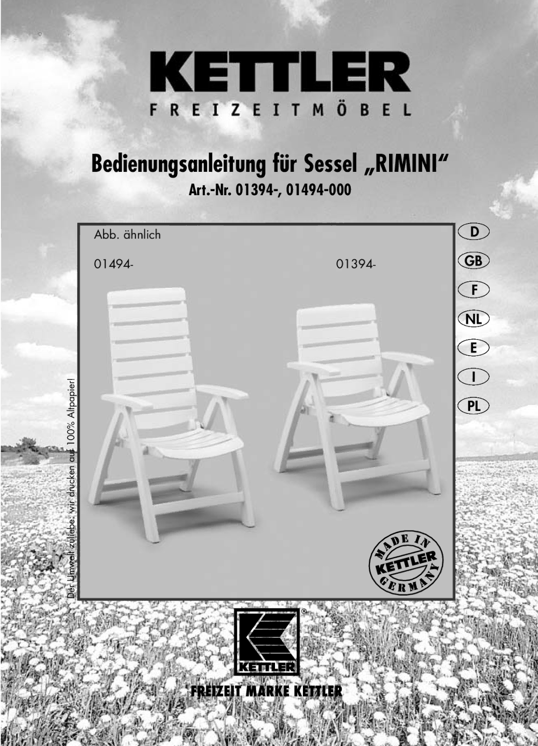 Kettler 1394, 1494 manual Bedienungsanleitung für Sessel „RIMINI 