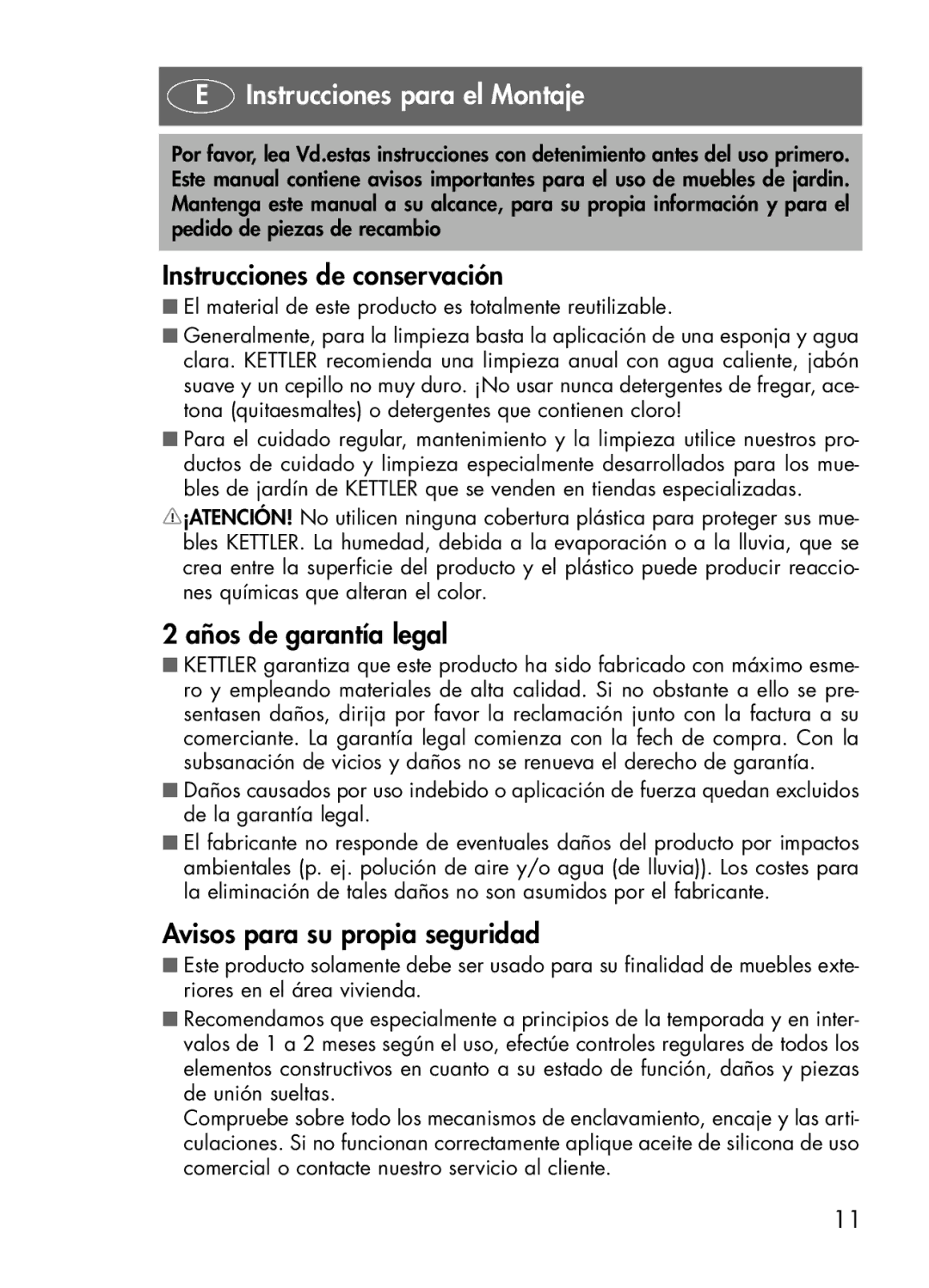 Kettler 1394, 1494 manual Instrucciones para el Montaje, Instrucciones de conservación, Años de garantía legal 