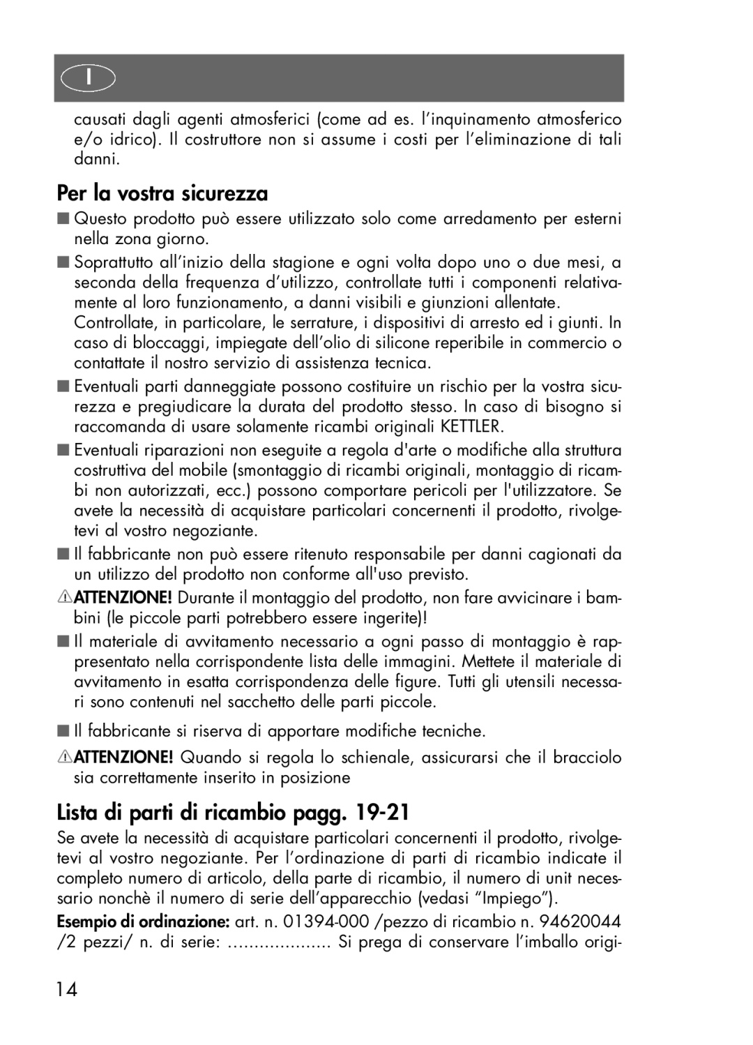 Kettler 1494, 1394 manual Per la vostra sicurezza, Lista di parti di ricambio pagg 