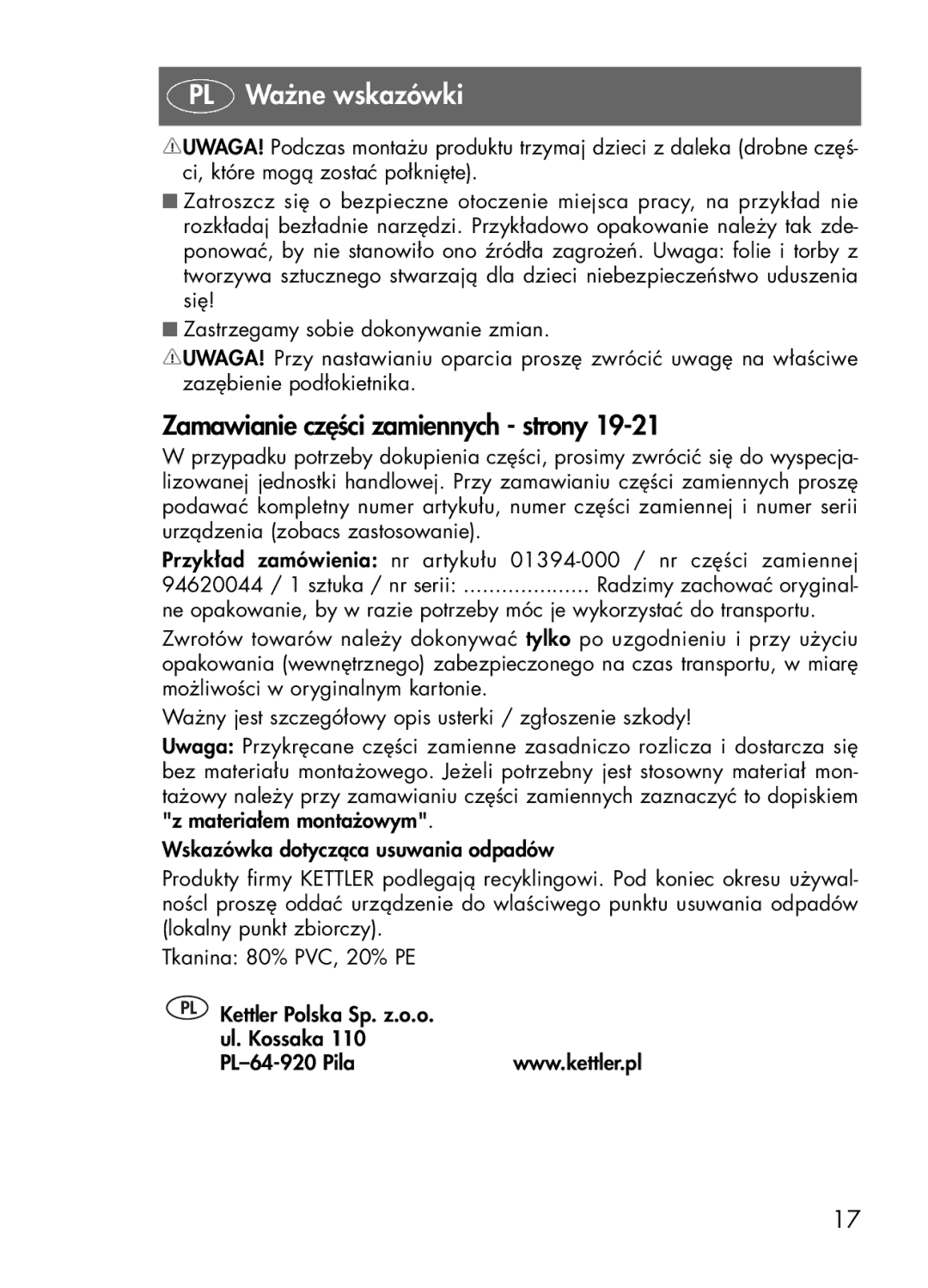 Kettler 1394, 1494 manual Zamawianie części zamiennych strony 