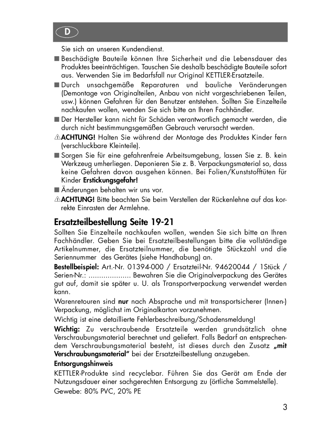 Kettler 1394, 1494 manual Ersatzteilbestellung Seite, Sie sich an unseren Kundendienst 