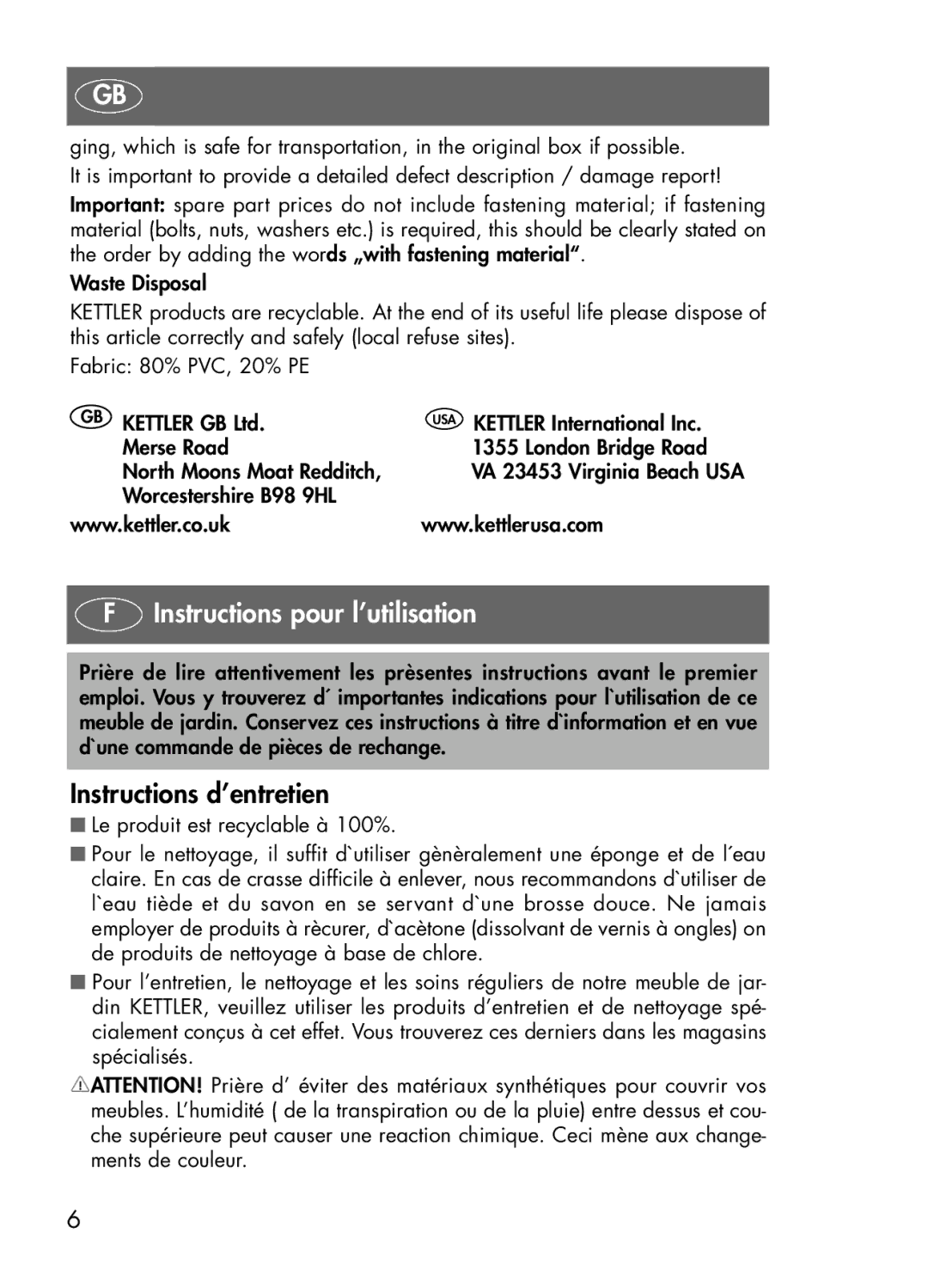 Kettler 1494, 1394 manual Instructions pour l’utilisation, Instructions d’entretien 