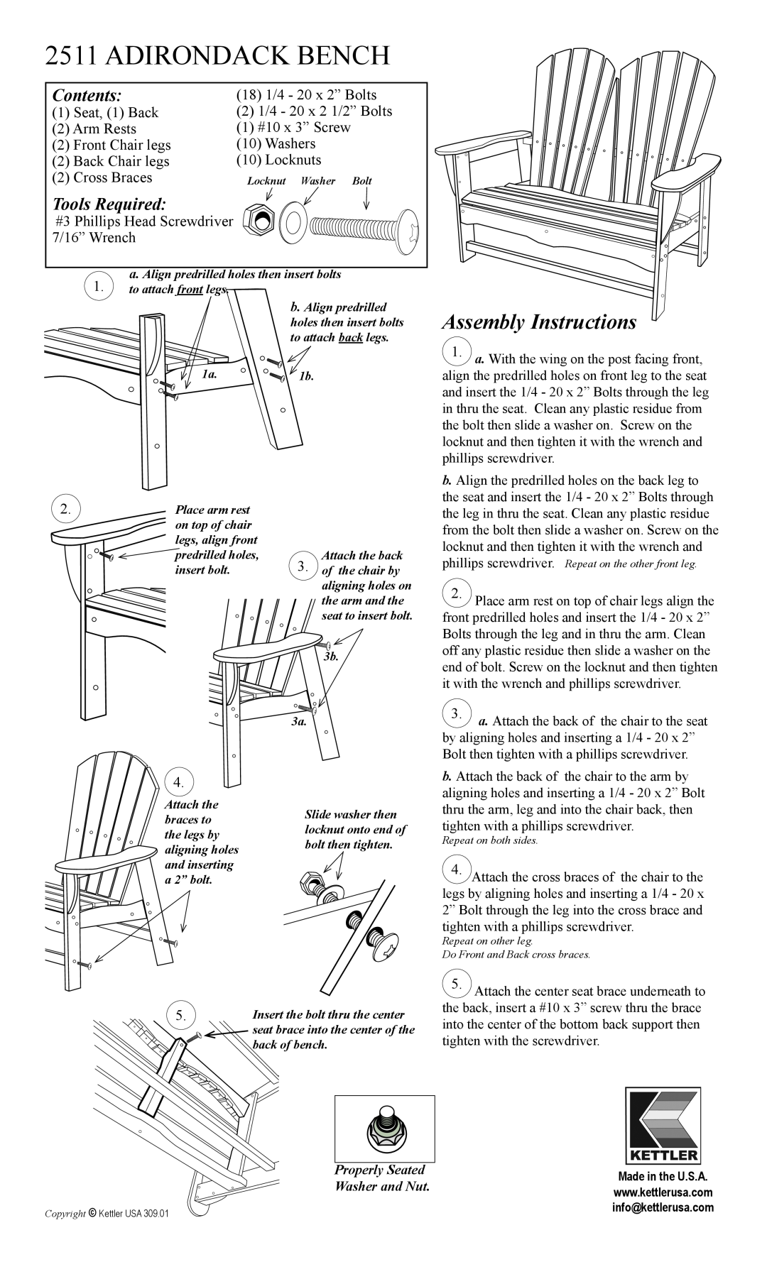 Kettler 2511 manual Adirondack Bench, Assembly Instructions, Contents, Tools Required 