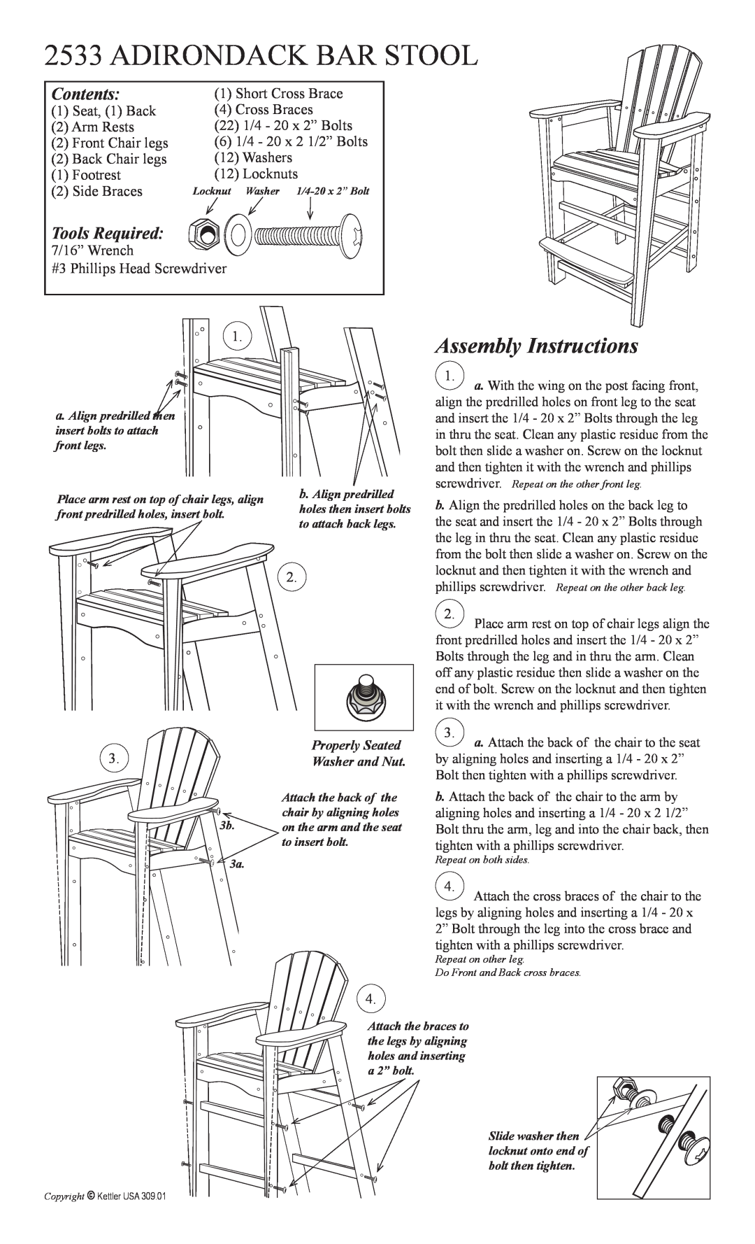 Kettler 2533 manual Assembly Instructions, Adirondack Bar Stool, Contents, Tools Required 