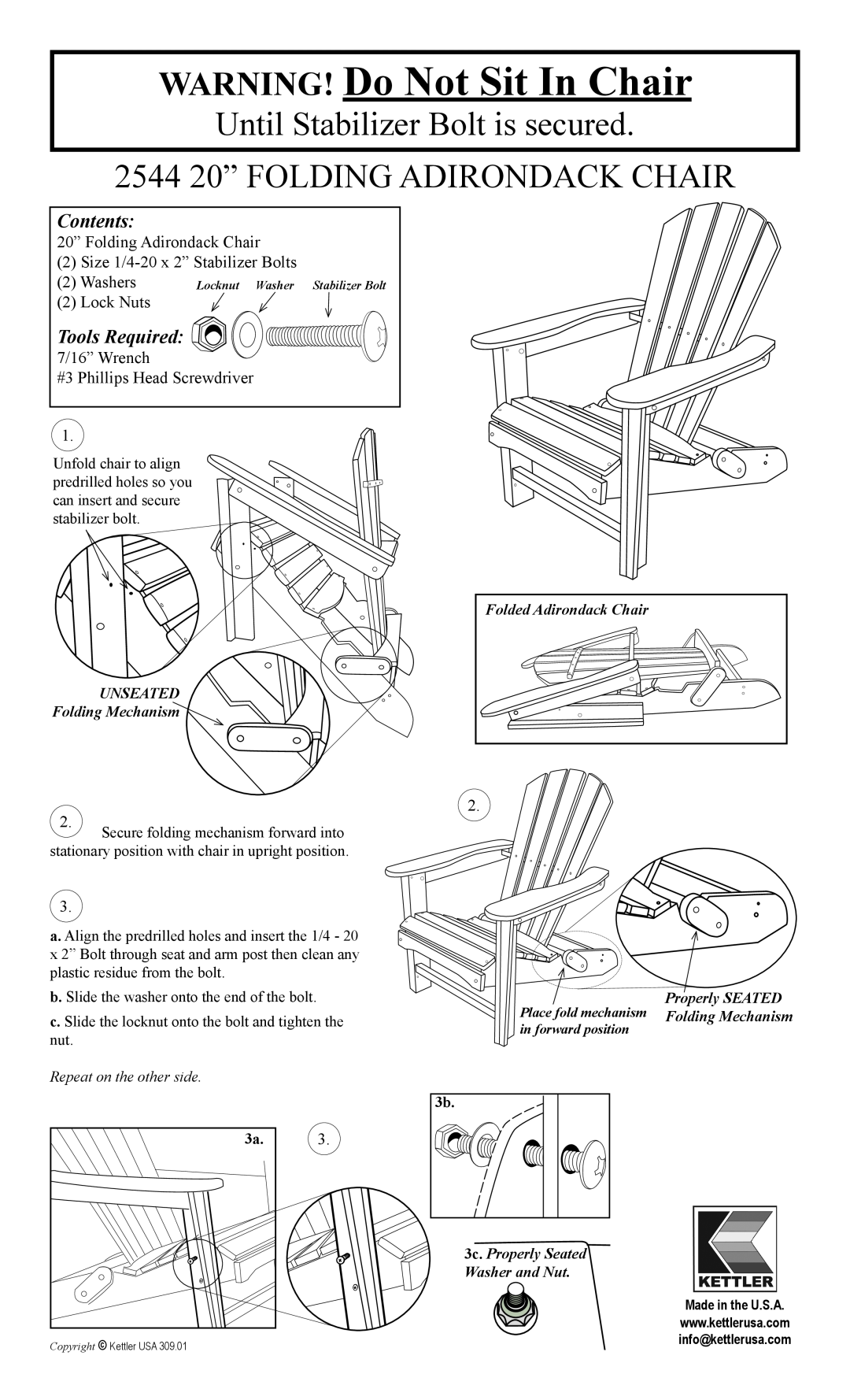 Kettler manual WARNING! Do Not Sit In Chair, Until Stabilizer Bolt is secured, 2544 20” FOLDING ADIRONDACK CHAIR 