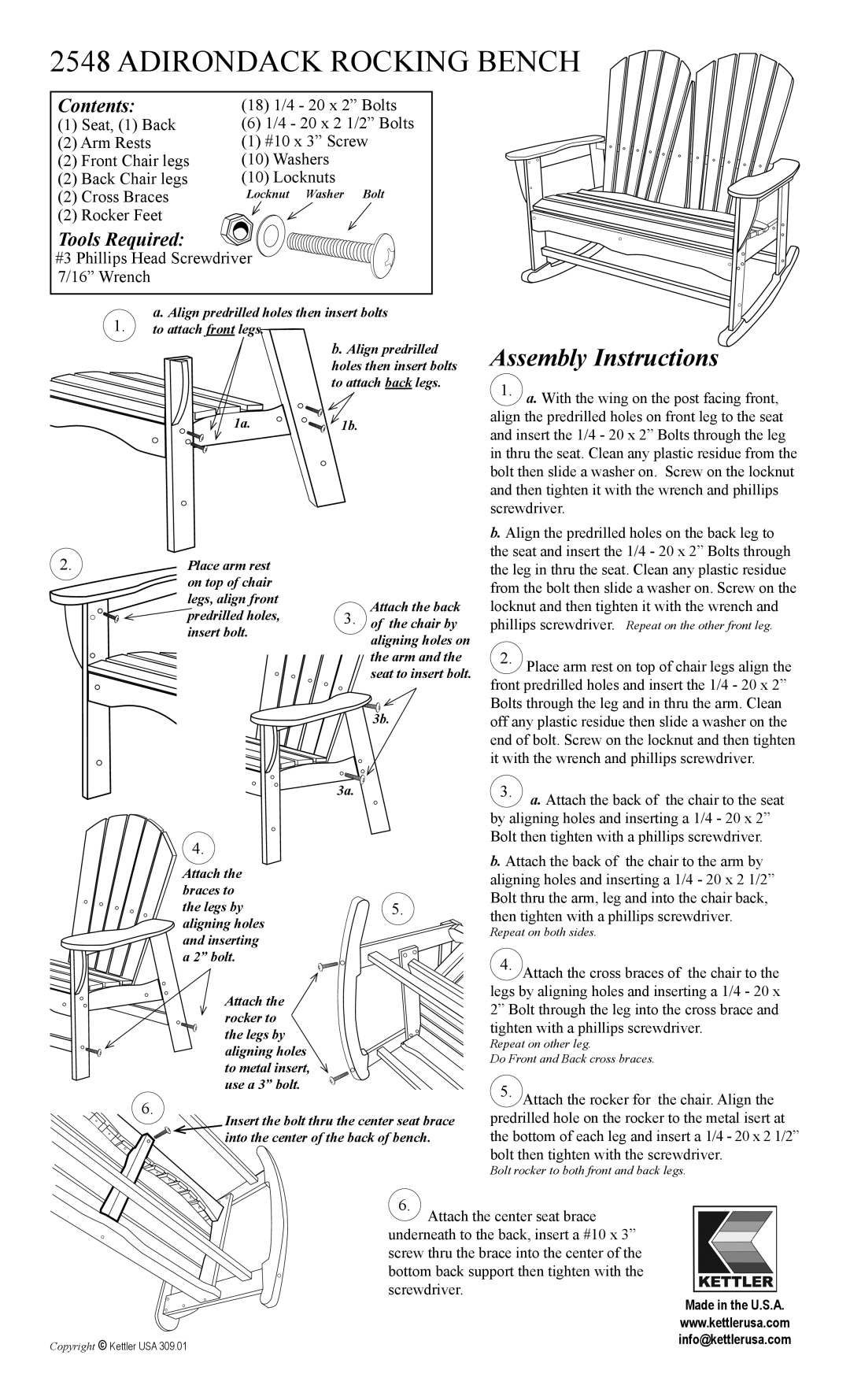 Kettler 2548 manual Adirondack Rocking Bench, Assembly Instructions, Contents, Tools Required 