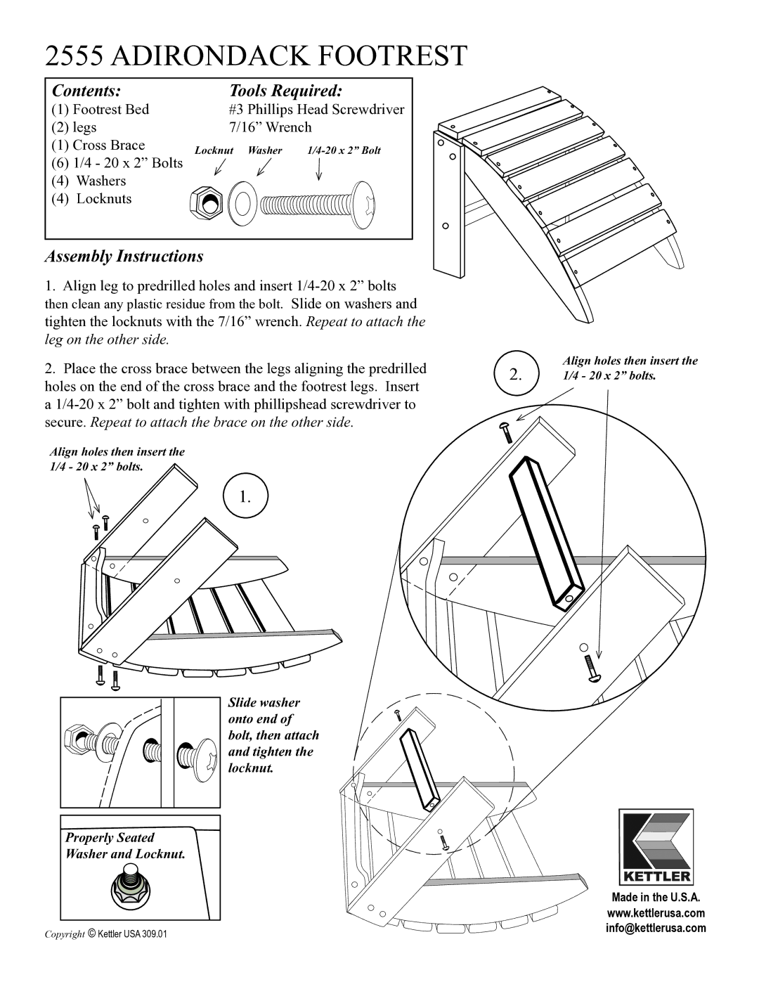 Kettler 2555 manual Adirondack Footrest, Contents Tools Required, Assembly Instructions 