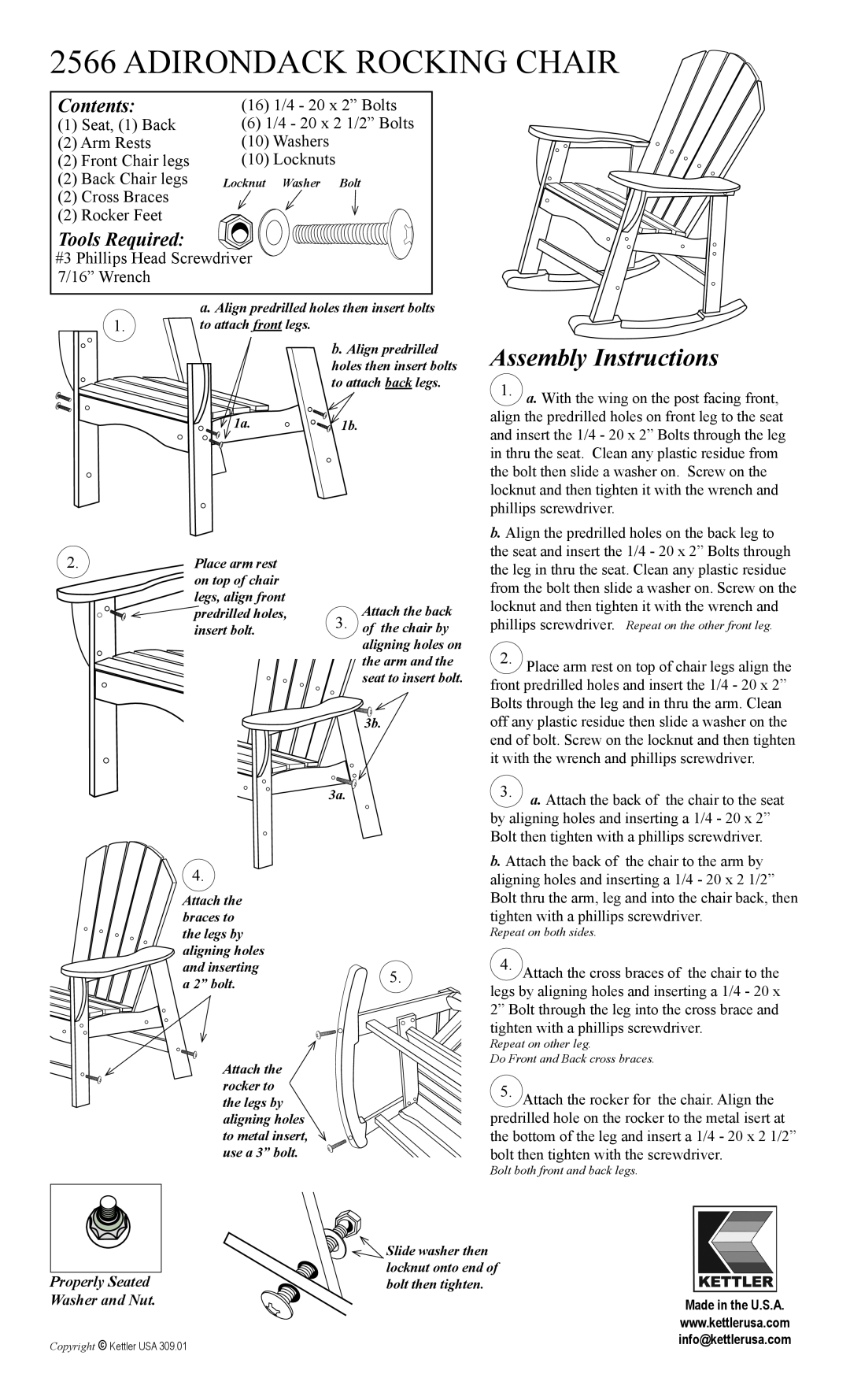 Kettler 2566 manual Adirondack Rocking Chair, Assembly Instructions, Contents, Tools Required 