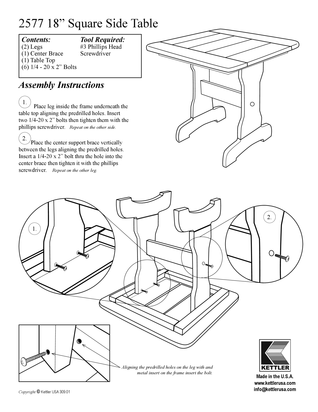 Kettler manual 2577 18” Square Side Table, Assembly Instructions, Contents, Tool Required 