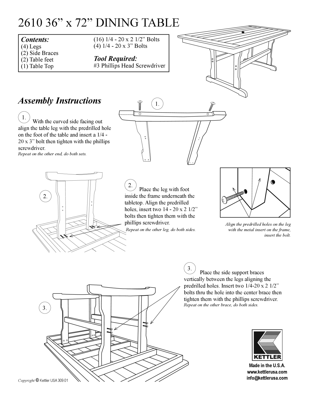 Kettler manual 2610 36” x 72” DINING TABLE, Assembly Instructions, Contents, Tool Required 