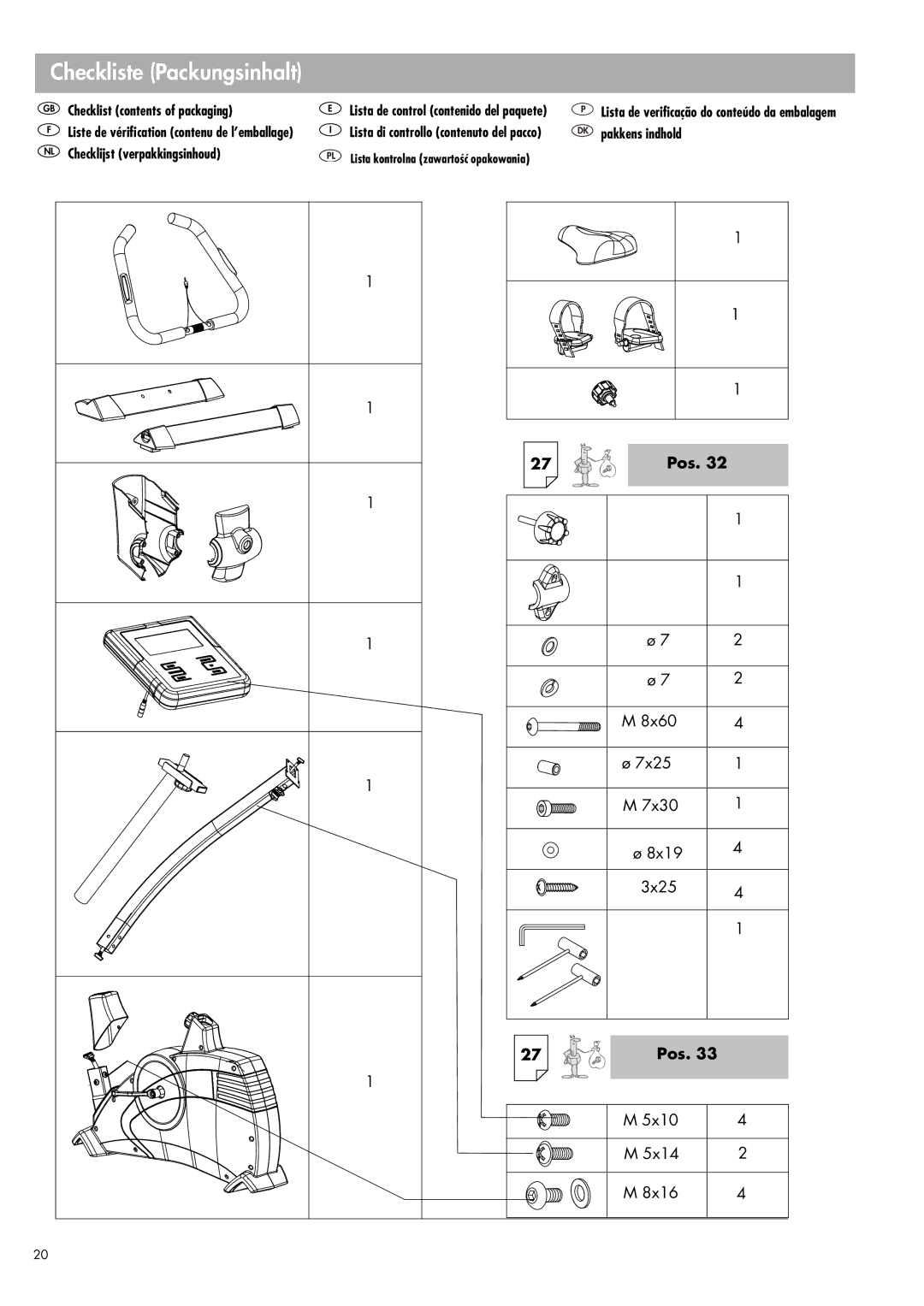 Kettler 309 manual Checkliste Packungsinhalt, NL Checklijst verpakkingsinhoud 