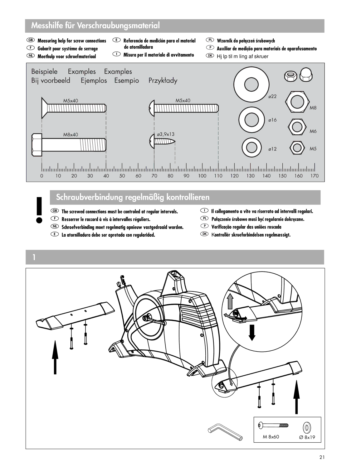 Kettler 309 manual Messhilfe für Verschraubungsmaterial, Schraubverbindung regelmäßig kontrollieren 