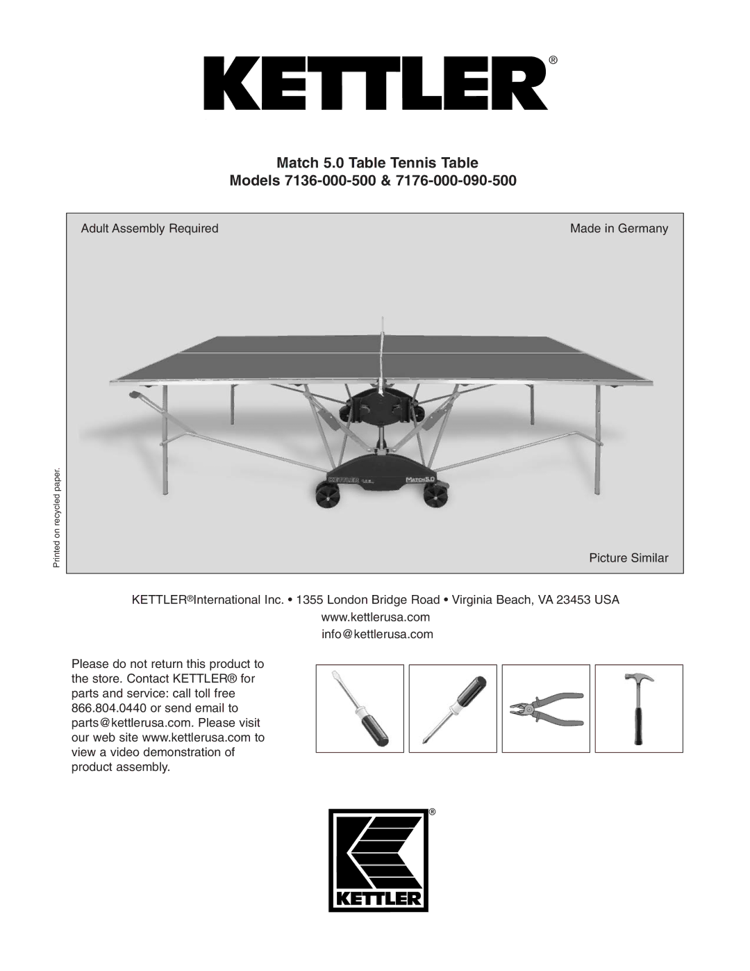 Kettler 7176-000-090-500 manual Match 5.0 Table Tennis Table Models 7136-000-500 