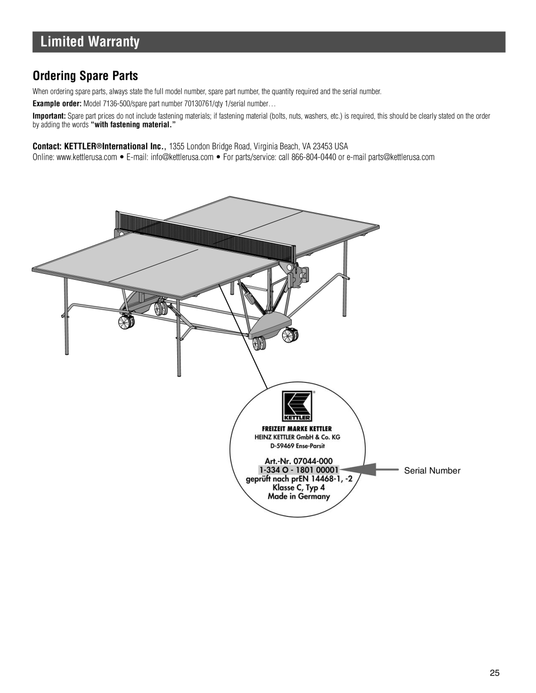 Kettler 7176-000-090-500, 7136-000-500 manual Ordering Spare Parts 