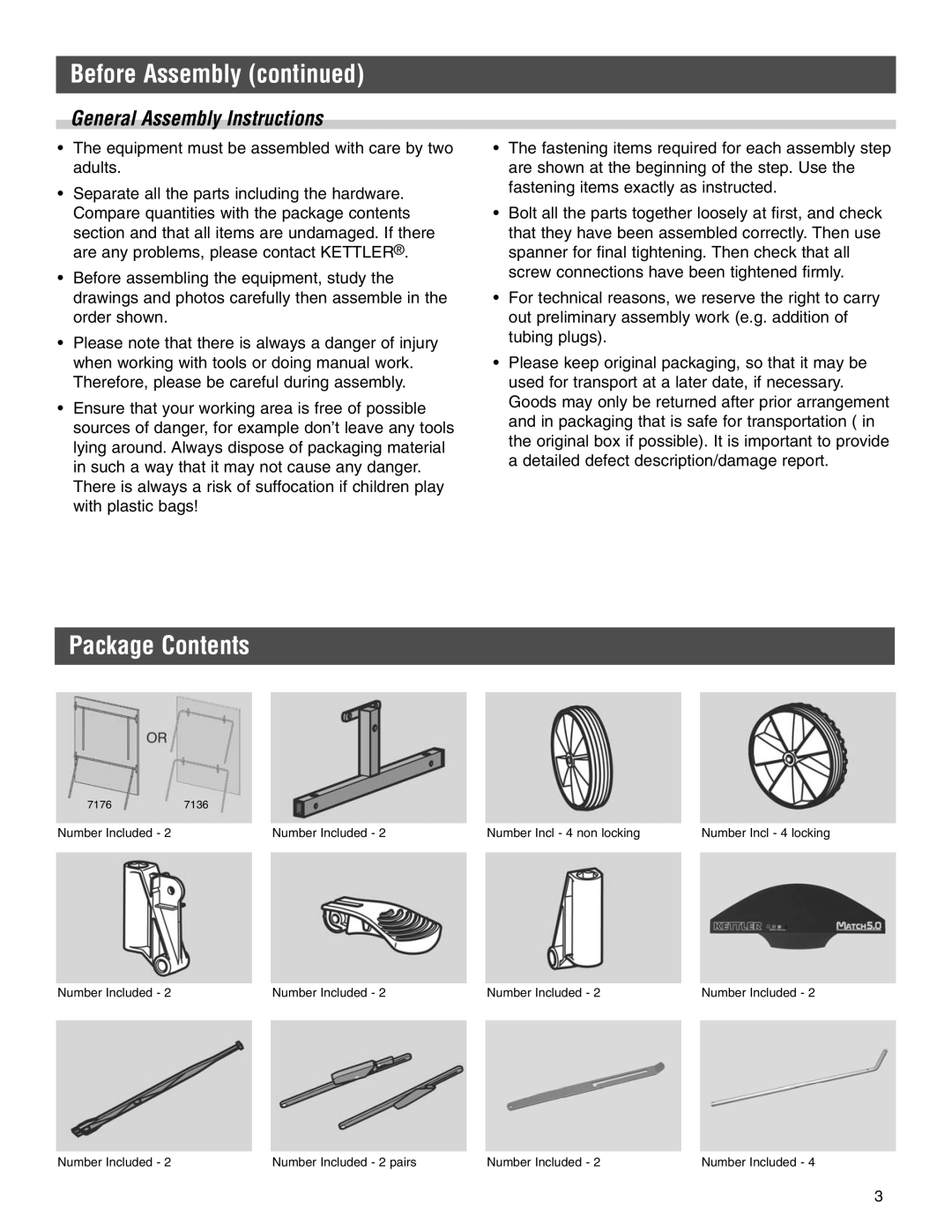 Kettler 7176-000-090-500, 7136-000-500 manual Package Contents 