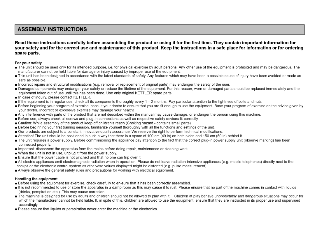 Kettler 7976-400, 7976-300 user manual For your safety, Handling the equipment 