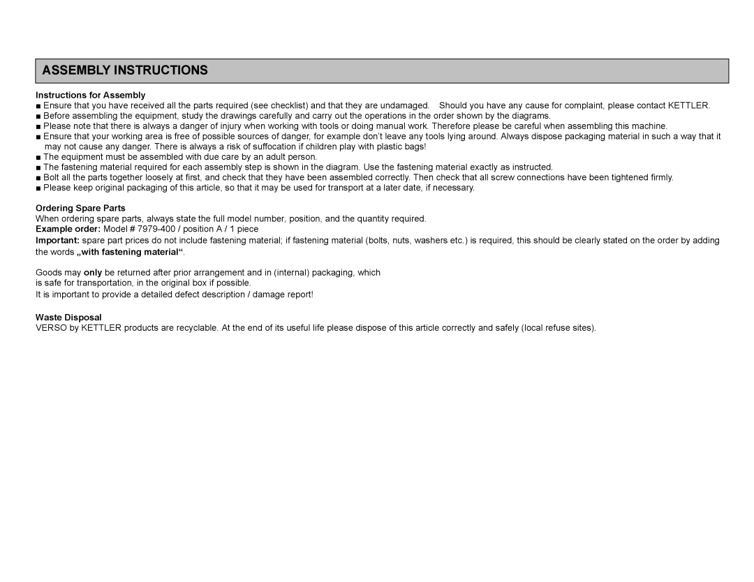 Kettler 7976-300, 7976-400 Instructions for Assembly, Ordering Spare Parts, Words „with fastening material, Waste Disposal 