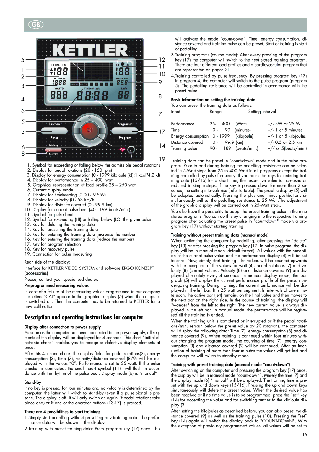 Kettler 700, 7987-500 Description and operating instructions for computer, Pedalling, Are represented on pages, Stand-by 