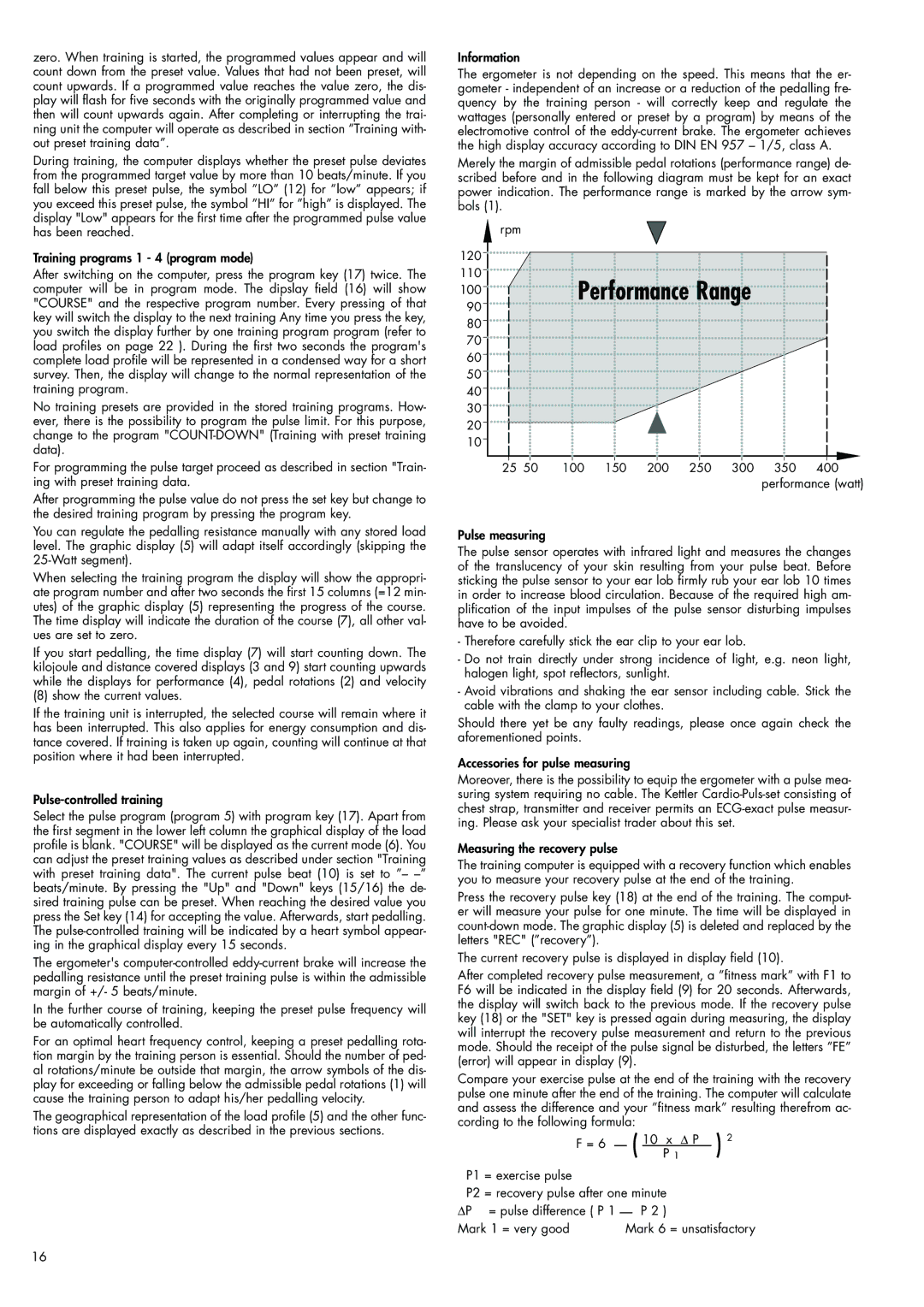 Kettler 7987-500, 700 manual Information, = pulse difference P Mark 1 = very good 