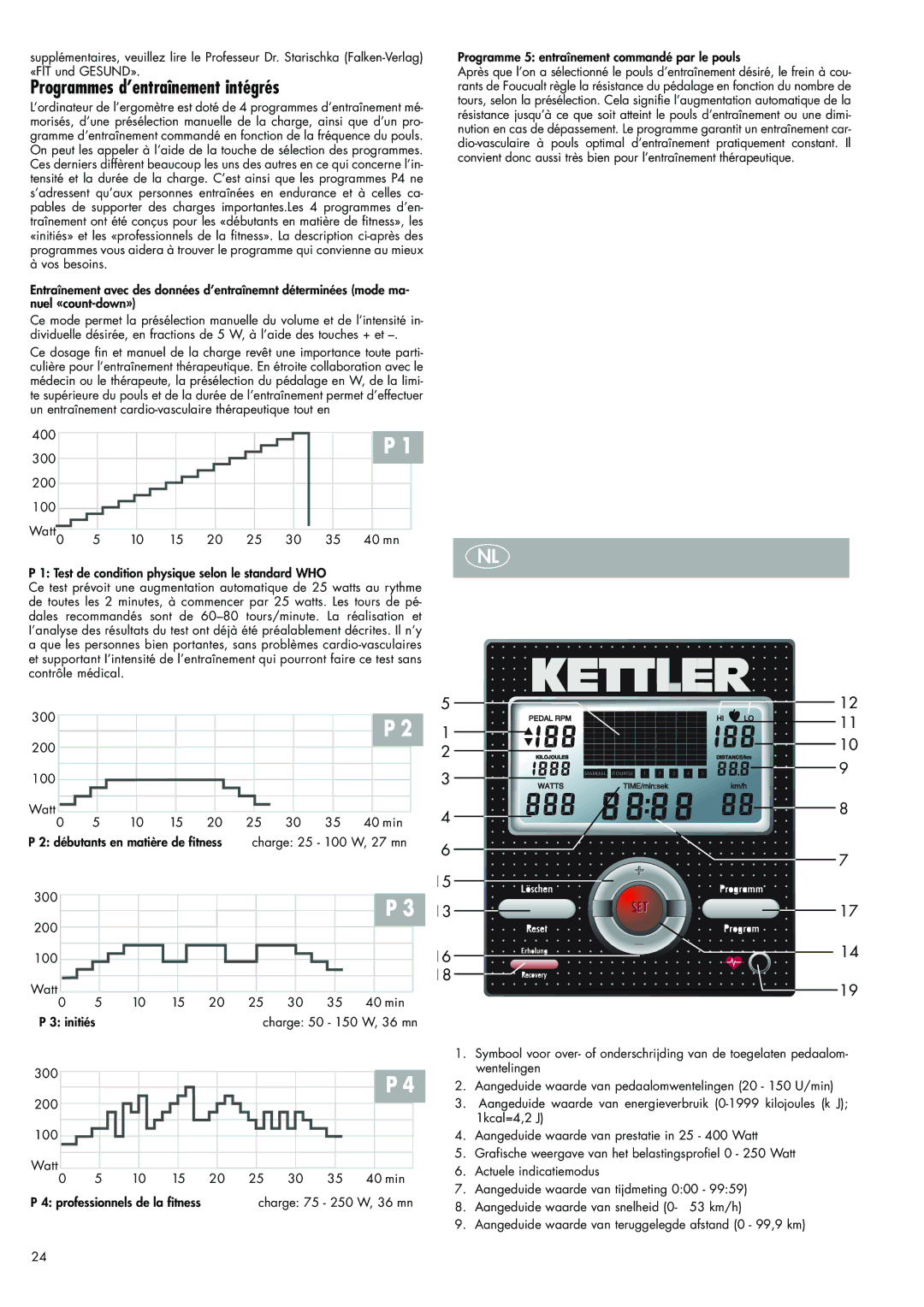 Kettler 7987-500, 700 manual Programmes d’entraînement intégrés, Charge 25 100 W, 27 mn, Charge 75 250 W, 36 mn 