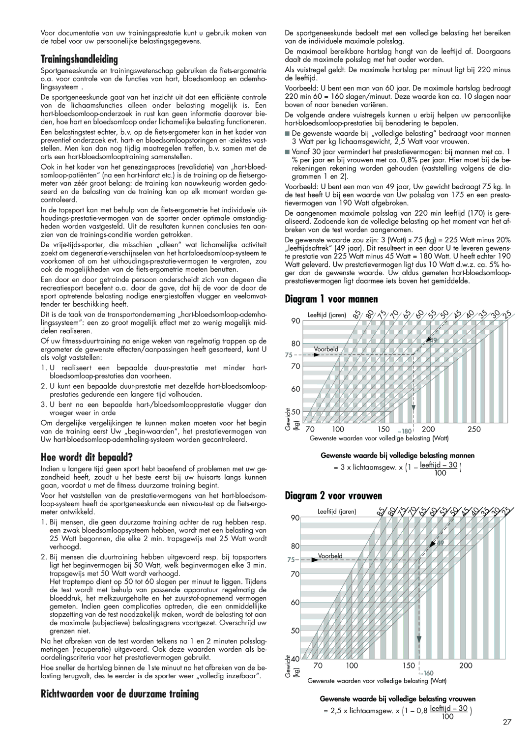 Kettler 700 Trainingshandleiding, Hoe wordt dit bepaald?, Richtwaarden voor de duurzame training, Diagram 1 voor mannen 