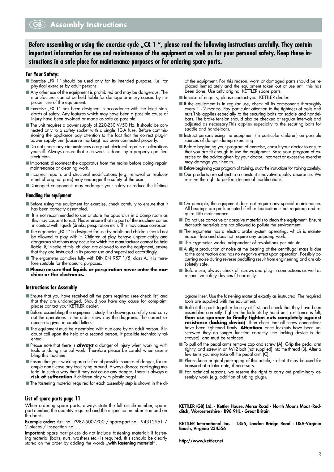 Kettler 700, 7987-500 GB Assembly Instructions, Handling the equipment, Instructions for Assembly, List of spare parts 